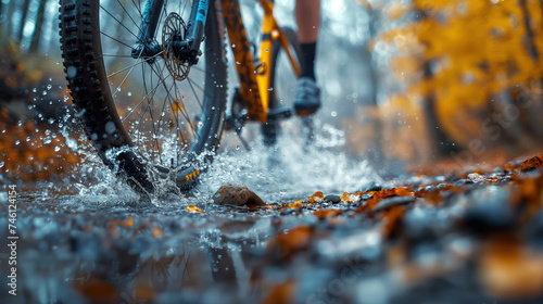 Cyclist speeding over gravel, water and mud