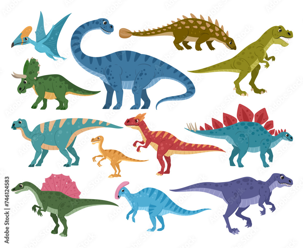 Obraz premium Dinosaurs set. Cartoon ancient reptiles, jurassic predators and herbivores, t rex, cute diplodocus, pterodactyl, brontosaurus flat vector illustration collection. Prehistoric dinos