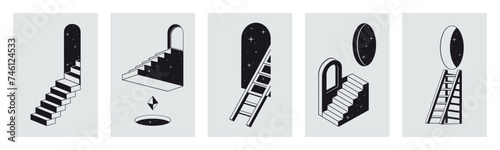 Geometric ladder posters. Abstract surreal stairs, modern 3d design cards, monochrome another dimension stairs flat vector backdrop illustration set. Surreal ladders backgrounds