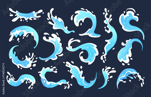 Aqua water splash. Liquid water drops  blue transparent splashes  water flows and waves flat vector illustration set. Clean water splash collection