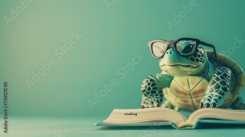 A whimsical image of a turtle figurine with glasses intent on reading an open book
