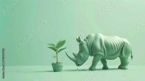 A thought-provoking rendition of a rhino standing next to a sprouting plant in a minimalistic style