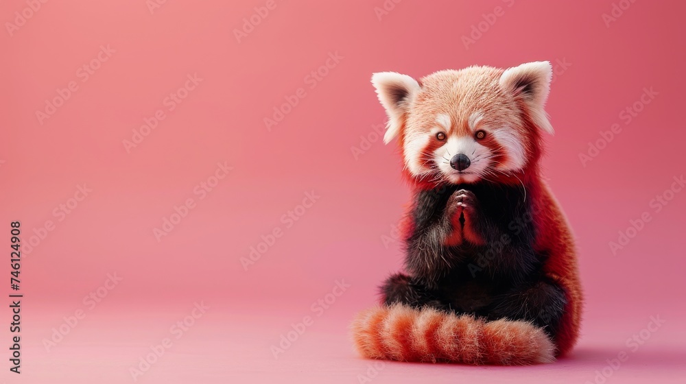 Cute red panda figurine sitting with crossed paws, giving a thoughtful, contemplative expression