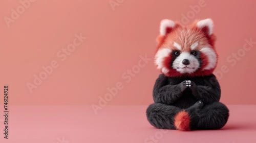 Adorable red panda plush toy is showcased sitting with crossed paws on a pink background depicting innocence and comfort © ChaoticMind