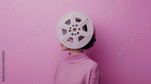 A person with a vintage film reel for a head evokes creativity and nostalgia in front of a pink background