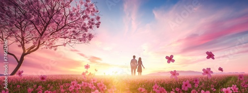 A couple of people in love under a pink tree of love, pink background, Valentine's day