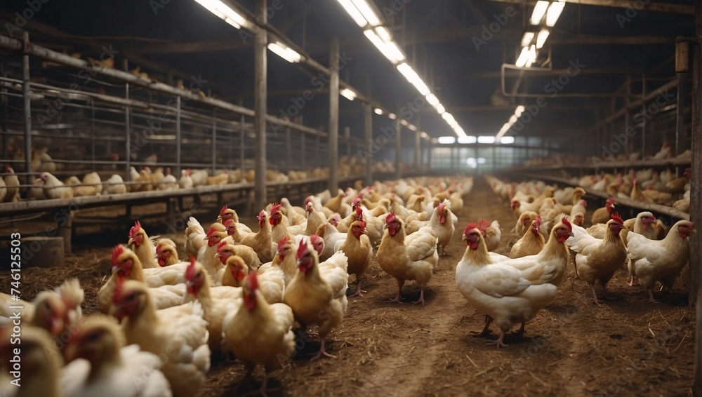 Chickens roam freely in vast, modern coop on a poultry farm. Flock thrives in spacious enclosure, embodying the essence of organic poultry farming, with ample room for natural movement and foraging - obrazy, fototapety, plakaty 