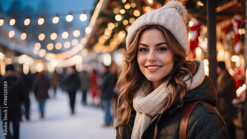 Joyous European woman stands against backdrop of blurred city adorned in New Year's decorations. Outdoors, amid Christmas festivities, embodies holiday spirit. In background, bustling New Year's fair