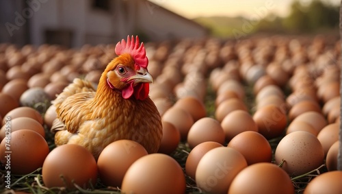 Hen, chicken laid eggs on farm, representing organic poultry farming. Image symbolizes sustainable egg production, promoting freshness, naturalness, farm-to-fork practices. Organic eggs. Farm products