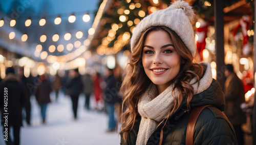 Joyous European woman stands against backdrop of blurred city adorned in New Year's decorations. Outdoors, amid Christmas festivities, embodies holiday spirit. In background, bustling New Year's fair