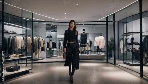 Stylish Asian shopper explores modern women's clothing store, embracing fashion trends with blend of Asian flair. Fashion-forward Asian woman in chic attire navigates women's boutique, fashion trends