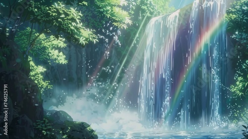 Anime Forest Waterfall: Serene Zen Background © CommerceAI