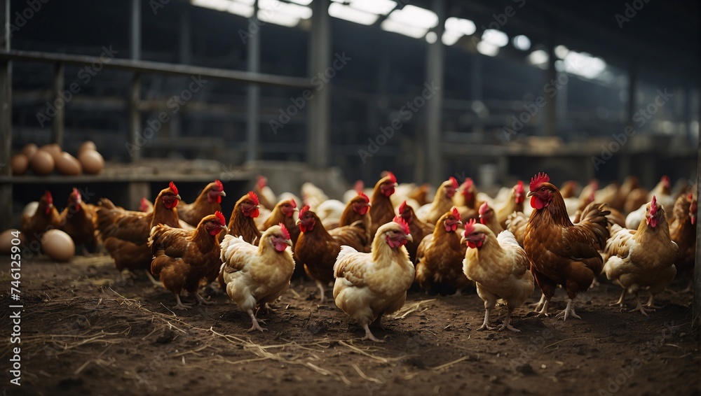 At bustling poultry facility, hens tirelessly produce eggs, enriching the farm's output. The lively atmosphere resonates with the rhythm of egg-laying, vital aspect of the operation. Poultry farming - obrazy, fototapety, plakaty 