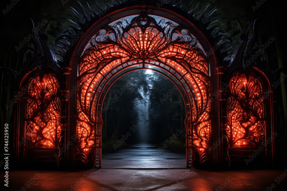 Illuminated portal gate. Neon travel. Generate Ai