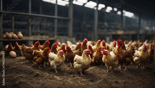 At bustling poultry facility, hens tirelessly produce eggs, enriching the farm's output. The lively atmosphere resonates with the rhythm of egg-laying, vital aspect of the operation. Poultry farming photo
