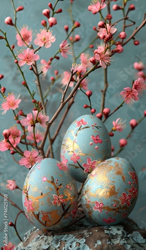 Easter eggs with pink sakura flowers on a blue background