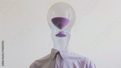 Surrealist depiction of a mannequin with a purple sand hourglass as its head, symbolizing time and thought