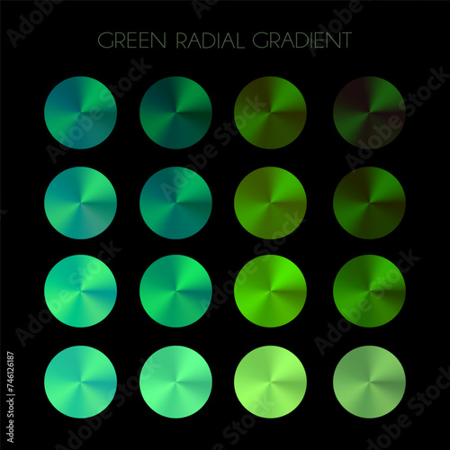 Set of green metal gradients, radial swatches collection. Different gradation design. Vector EPS10