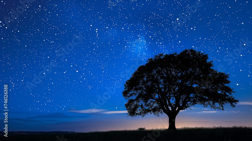 A lone tree silhouetted against the twilight sky, with stars starting to appear