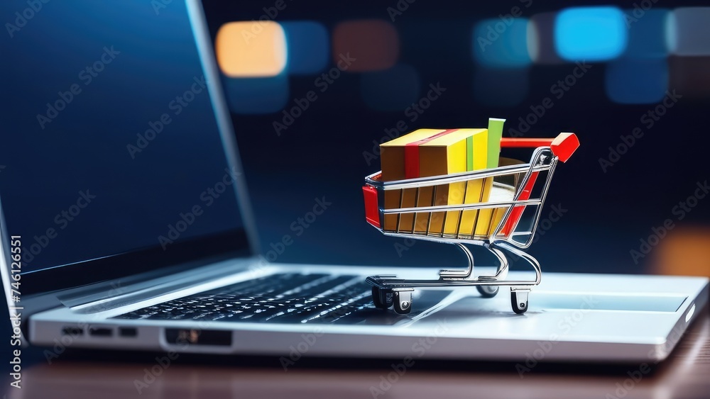  Online shopping concept. Shopping cart full of boxes on a laptop.