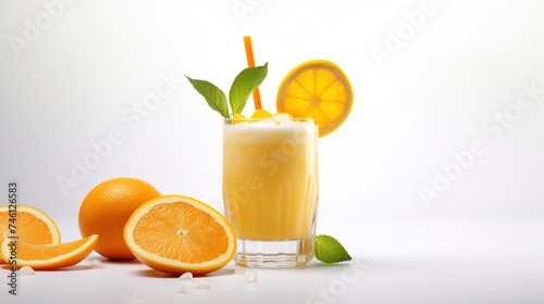 a glass of orange juice, white color background