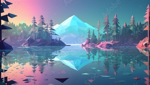 Holographic low-poly northen lake with forest landscape