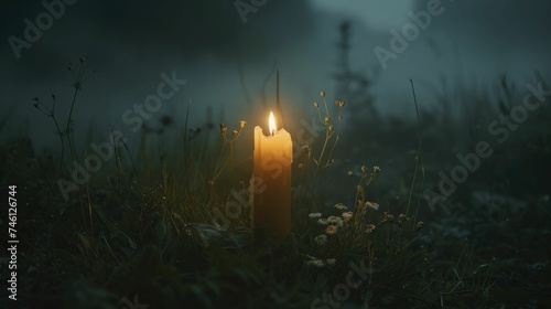 A candle flickers in the wind, its flame a defiant spark against the encroaching darkness. photo