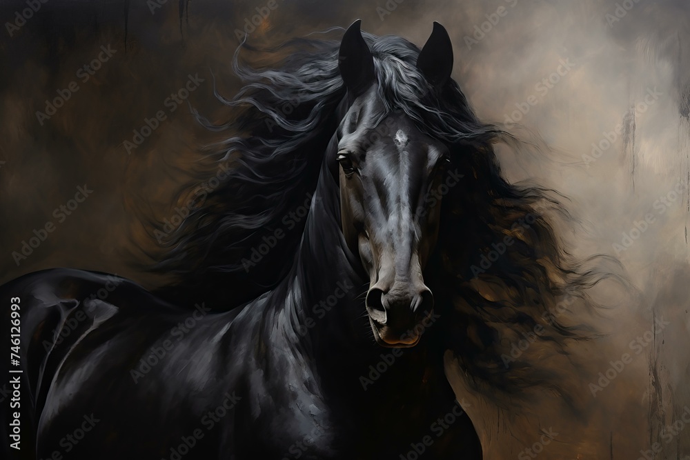 Black horse portrait. Animal studio beauty. Generate Ai