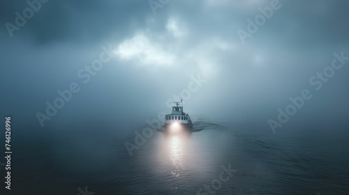 A tiny vessel sails through fog, lit by an unseen lighthouse, guiding its way back home.