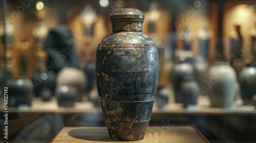 An ancient canopic jar, inspiring sustainable preservation techniques, surrounded by blurred artifacts. photo