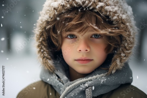 Charming Portrait of boy in blue winter clothes. Little child posing in warm clothing on breeze background. Generate ai