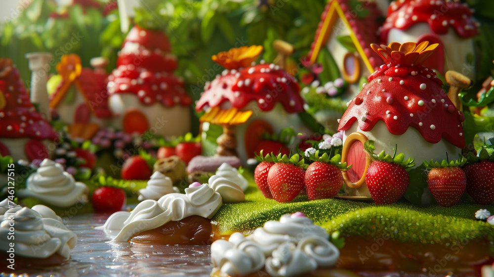 Fototapeta premium Nice and cute caramel fantasy and dream village. Yogurt lakes, raspberry and strawberry flowers and all the houses are made of cakes. 