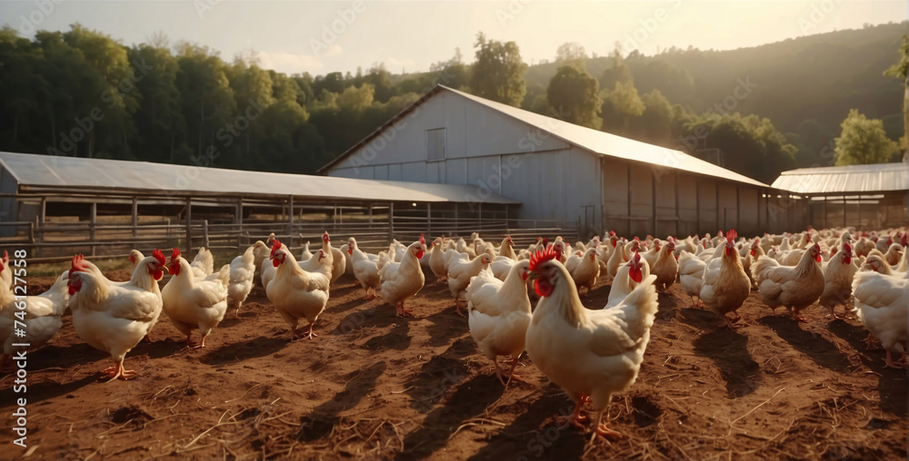 Poultry ranch. Beautiful natural portrait of chickens on a rural farm. Free range chicken. Pasture raised chicken. Organic chicken farm showing free range chickens roaming freely on the land - obrazy, fototapety, plakaty 
