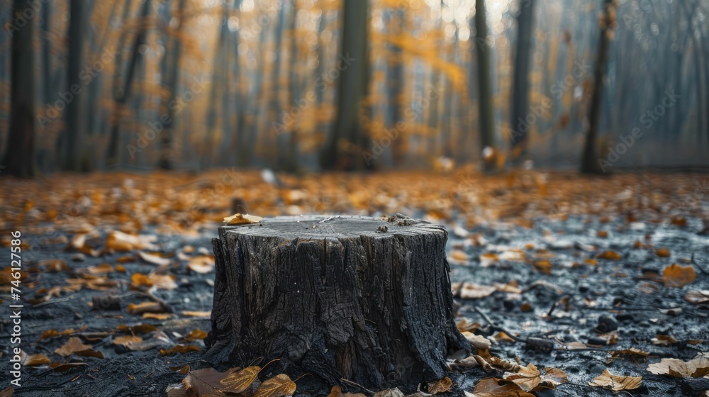 Urgent need for woodland conservation shown by fragmented stump in clearing, highlighting deforestation near blurred forest edge. Urgent need for woodland conservation shown by fragmented stump in clearing, highlighting deforestation near blurred forest edge.