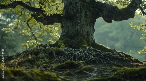 The old oak's gnarled roots intertwine with earth, revealing deep ecosystem connections against a blurred backdrop.