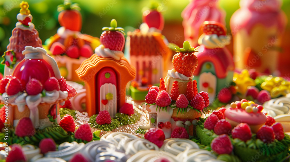 Nice and cute caramel fantasy and dream village. Yogurt lakes, raspberry and strawberry flowers and all the houses are made of cakes.
