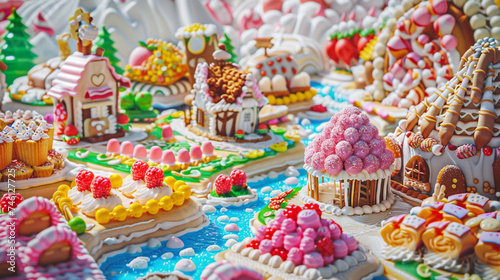 Nice and cute caramel fantasy and dream village. Yogurt lakes, raspberry and strawberry flowers and all the houses are made of cakes. 