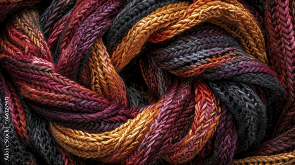 An overhead image showcases a cozy scarf woven with rich autumnal yarns, blending warmth with style.