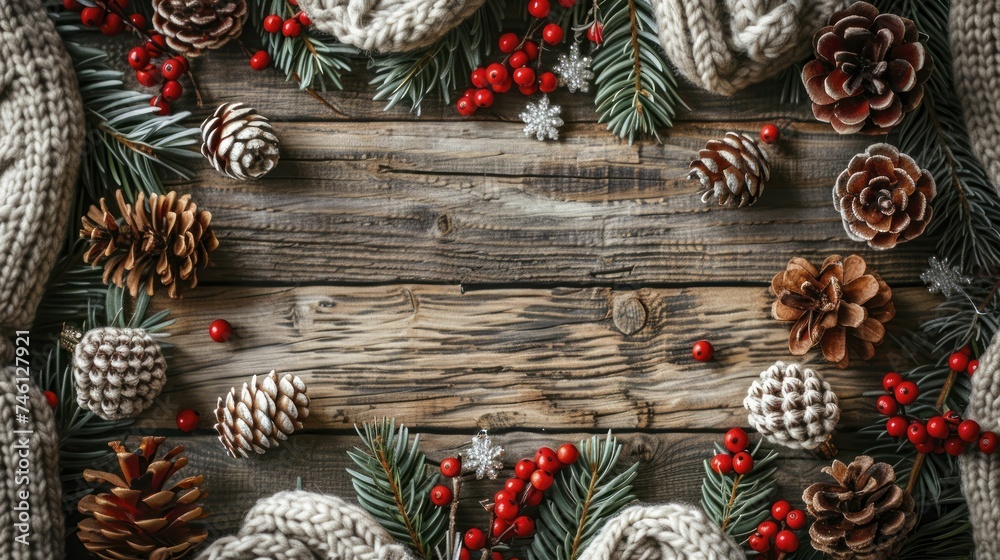 Fototapeta premium An aerial shot showcases the warm, inviting charm of a festive, seasonal knitted wool table runner.