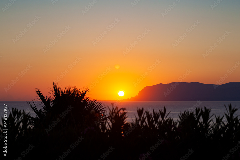 Panoramic picture. Sunrise on the paradise Mediterranean sea bay near Scopello Panoramic picture. Sunrise on the paradise Mediterranean sea bay near Scopello