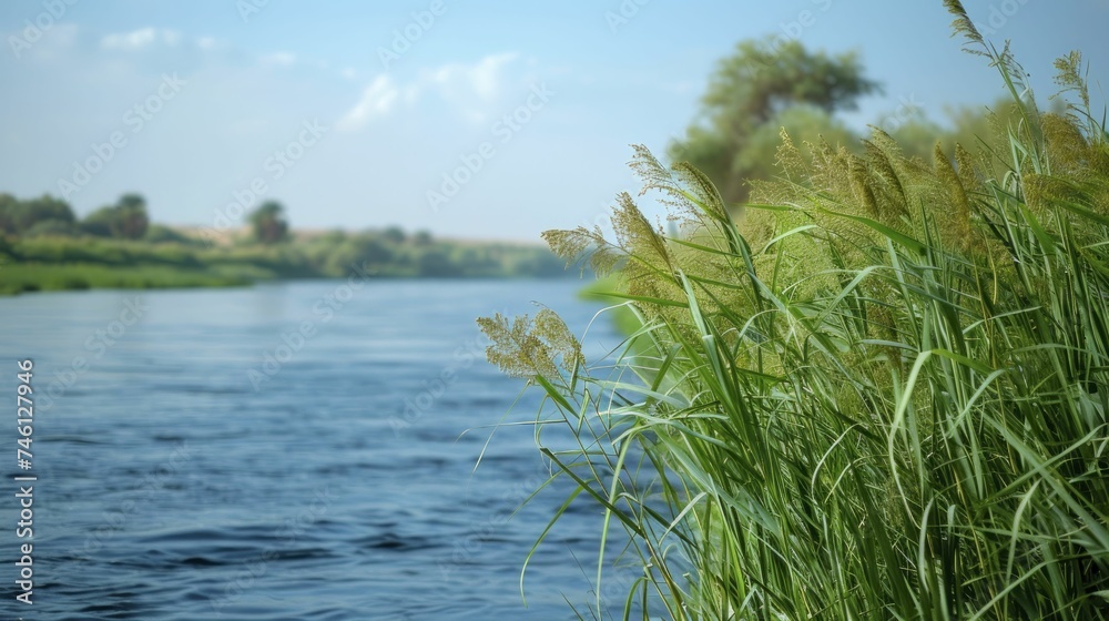 Obraz premium Papyrus reeds along the Nile, now part of conservation, blend with the blurred river backdrop.