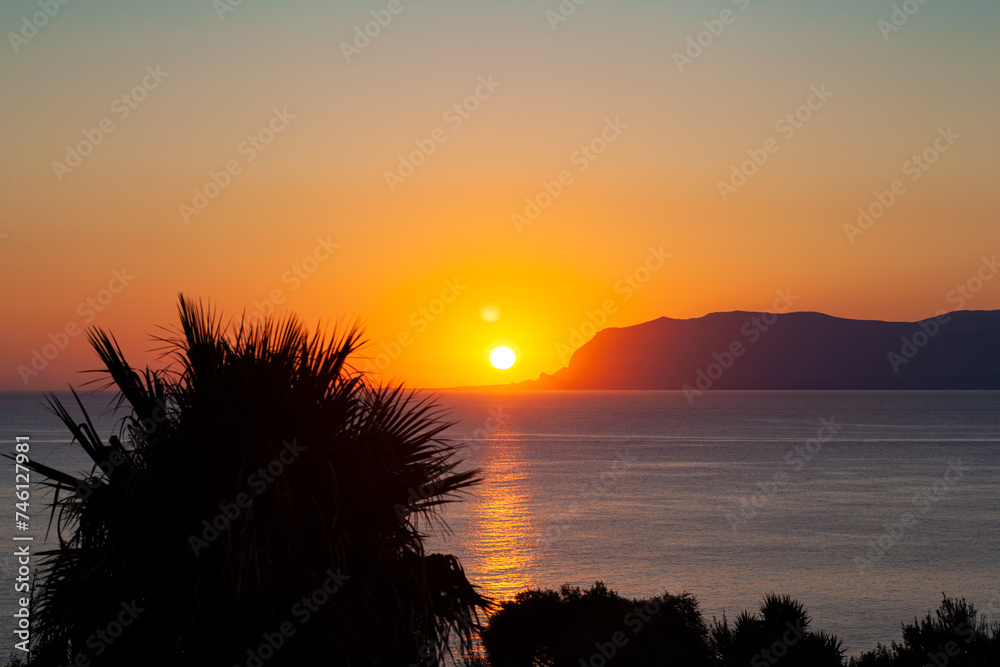 Panoramic picture. Sunrise on the paradise Mediterranean sea bay near Scopello