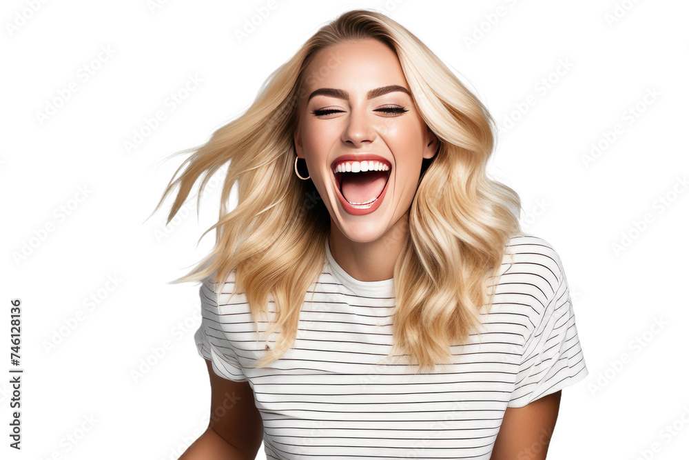 A high quality stock photograph of a happy young blond trendy woman laughs and screams with joy isolated on white or transparant background A high quality stock photograph of a happy young blond trendy woman laughs and screams with joy isolated on white or transparant background