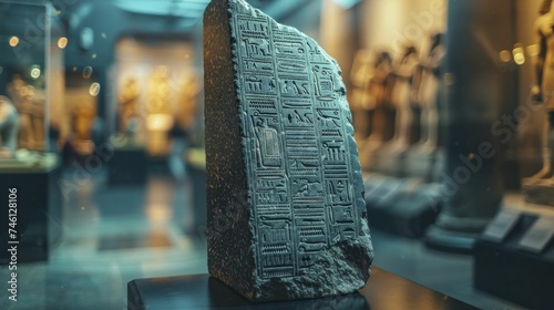 The ancient discovery of the Rosetta Stone illuminated past cultures amid a hazy museum backdrop. photo