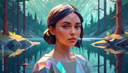 Low-poly portrait of a young woman on a lake shore