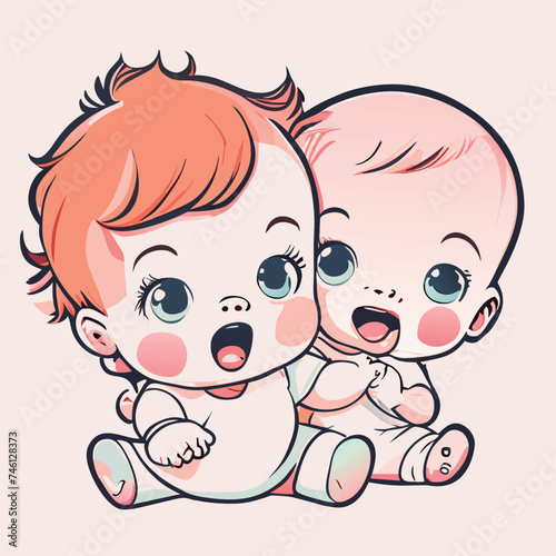 baby playing with sibling, illustration, sticker, clean white background, t-shirt design, graffiti, vibrant, vector illustration kawaii