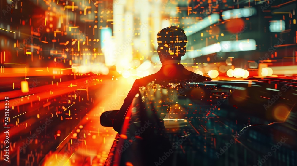 A businessman shown against a blurred background, with a modern smart car interface rendered in 3D A businessman shown against a blurred background, with a modern smart car interface rendered in 3D