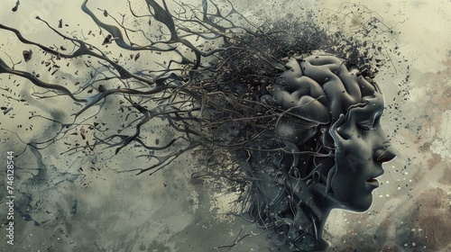 A brain stretched by springs and torn in various directions, symbolizing the concept of a mind being blown photo