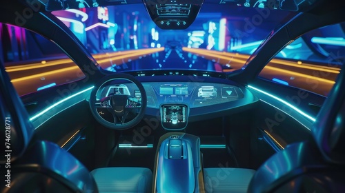 The cockpit of an autonomous car, showcasing the interior of a self-driving vehicle