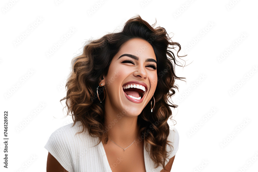 A high quality stock photograph of a happy young latina woman laughs and screams with joy isolated on white or transparant background A high quality stock photograph of a happy young latina woman laughs and screams with joy isolated on white or transparant background